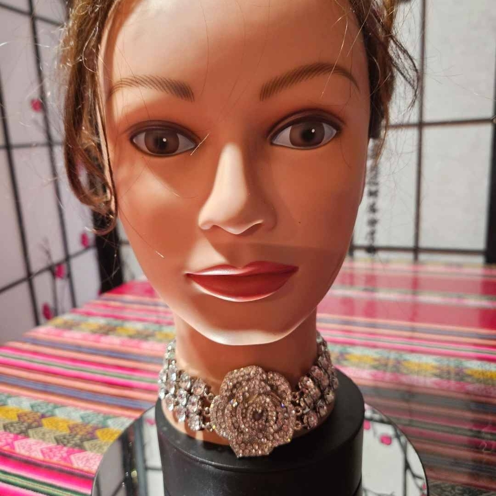 Crystal Rose Choker Necklace - Silver